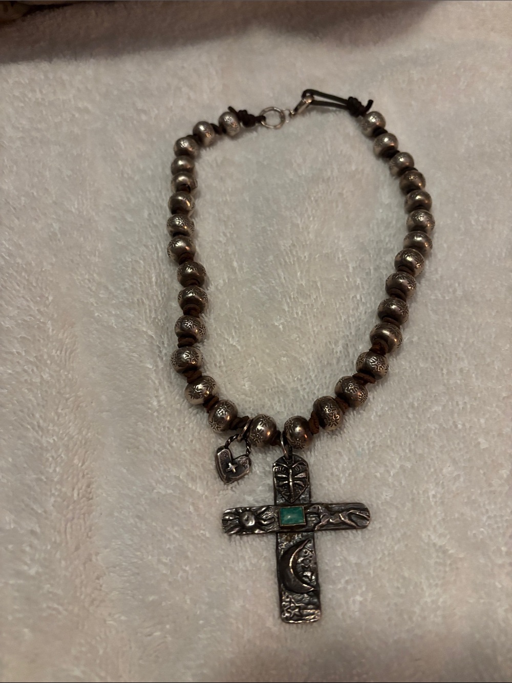 Silver-Tone Beaded Necklace with Turquoise Accent Cross